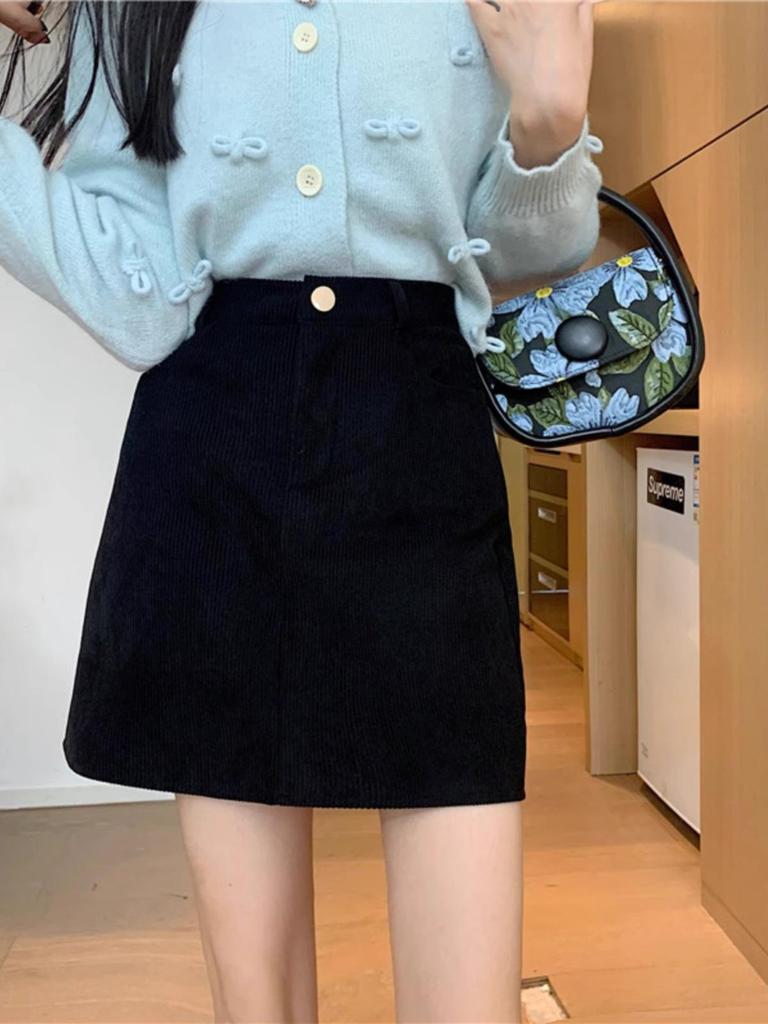 2023 Autumn/Winter Women's High Waist Corduroy Retro A-Line Skirt - Slim, Anti-Exposure, Korean Style