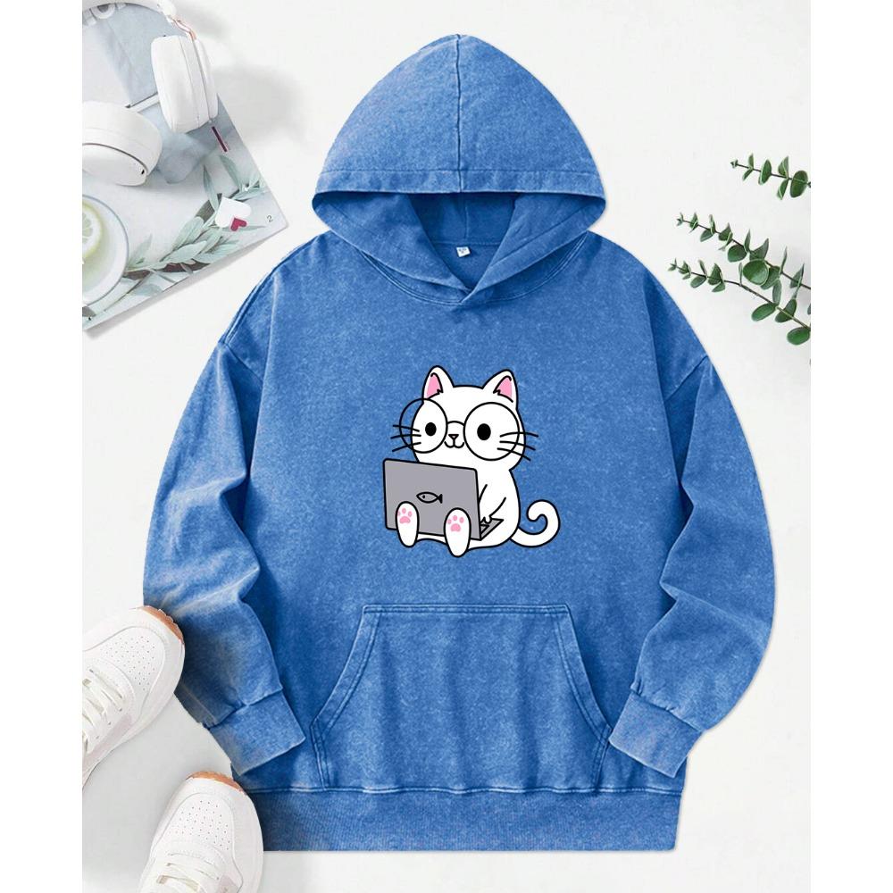 Abstract Cat Work Printed Womens Washed Hoodie Vintage Loose Streetwear Hip Hop Pocket Clothes Hoody