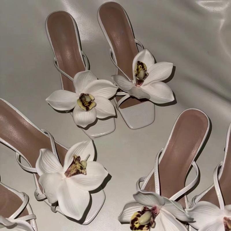 Fashion Sexy Black Heels Women Summer Party Pointed Toe High Heeled Sandals Elegant Floral Slingback Pumps Fashion Stiletto Shoes