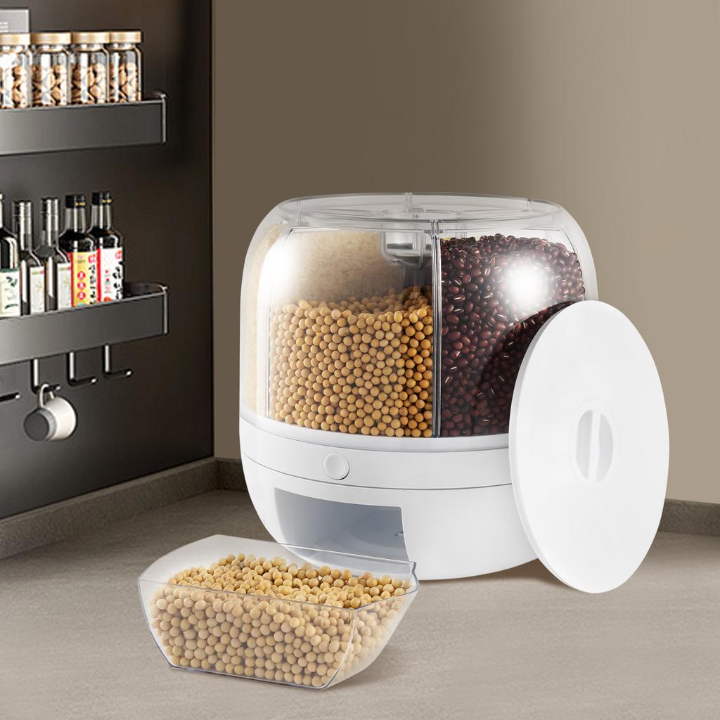 Bymaocar 6-compartment Grain Storage Container Storage Can, 360° Rotatable Food Dispenser for Storing Coarse Cereals & Dry Goods