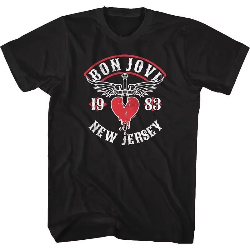 Letnia Nowość 2026 Koszulka z Nadrukiem Zespołu Metal Rockowego Bon Jovi, Szeroki Dekolt Luźna Codzienna Bawełniana Unisex Modna Koszulka