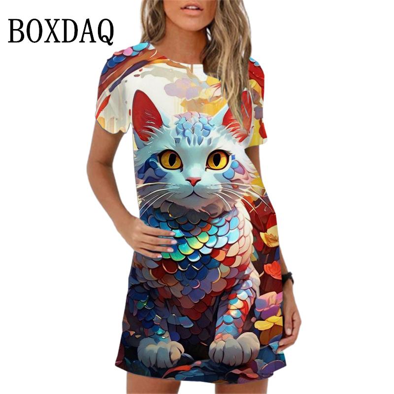 Short-sleeved women's mini dress with a collar opening design, featuring a classic cartoon cat pattern, trendy summer casual women's wear