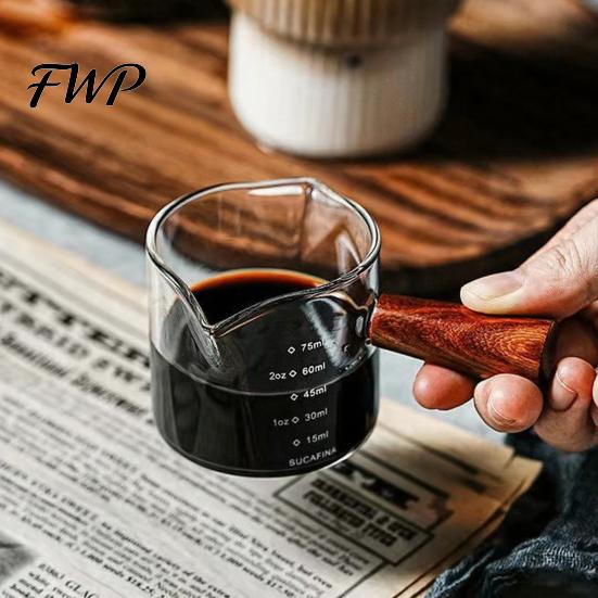 Anti-scalding Coffee Cup Milk Pitcher with Wooden Handle Mini Glass Creamer Food Grade for Espresso Small Sauce Dipping Bowl Measuring Scale Condiment