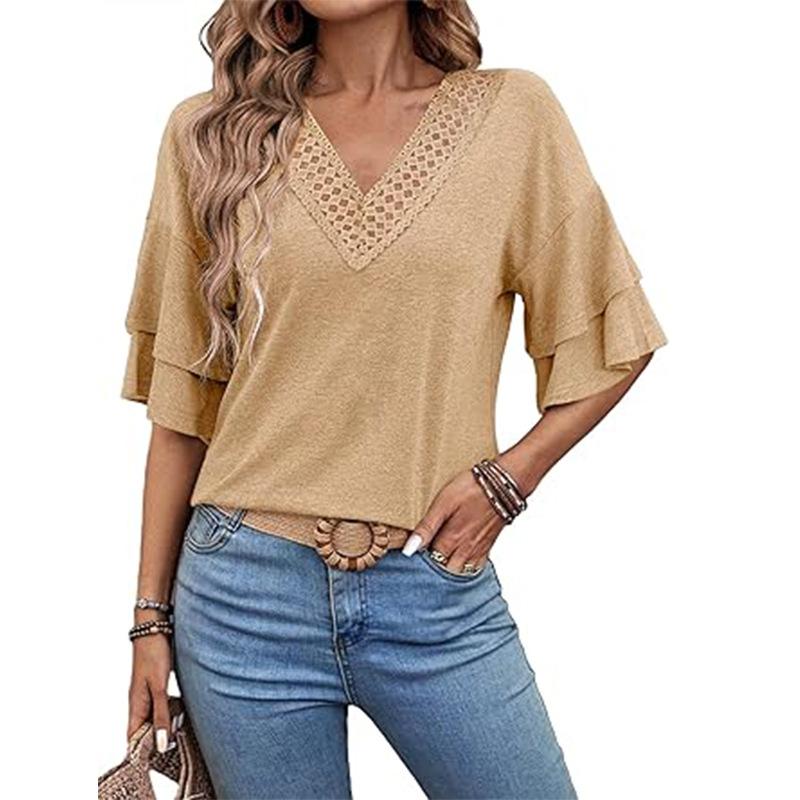 

Женские сексуальные кружевные V-образные вырезы с оборками на рукавах Модная женская одежда Футболки женские XXL хаки