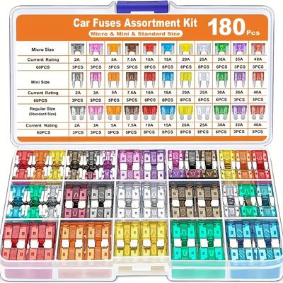 Kit de 180 fusibles assortis : mini-fusible à lame, fusible standard pour automobile, micro-fusible et 1 extracteur (2A-40A) pour voiture/camping-car/camion/moto