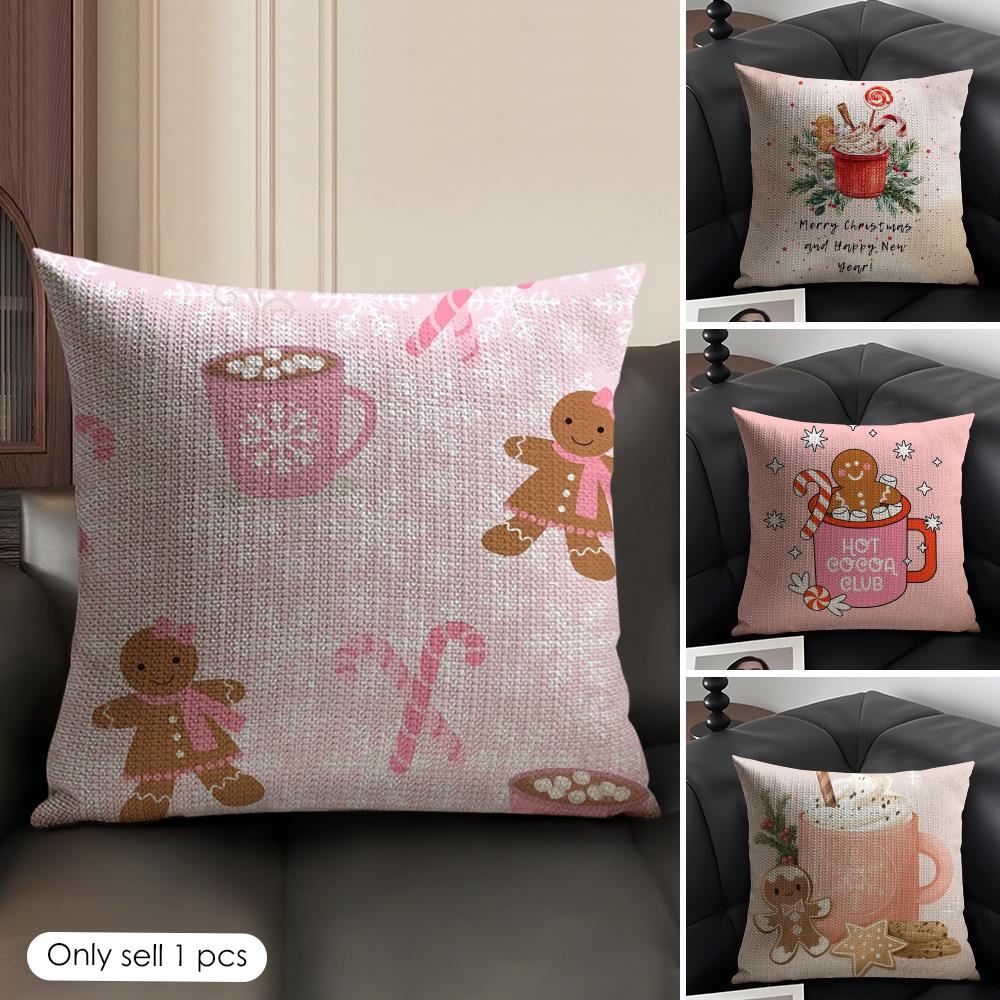 Christmas Pink Gingerbread Cushion Cover Natural Linen Organic Fabric Double-Sided Printing Sofa Home Decor Gift Pillow Case