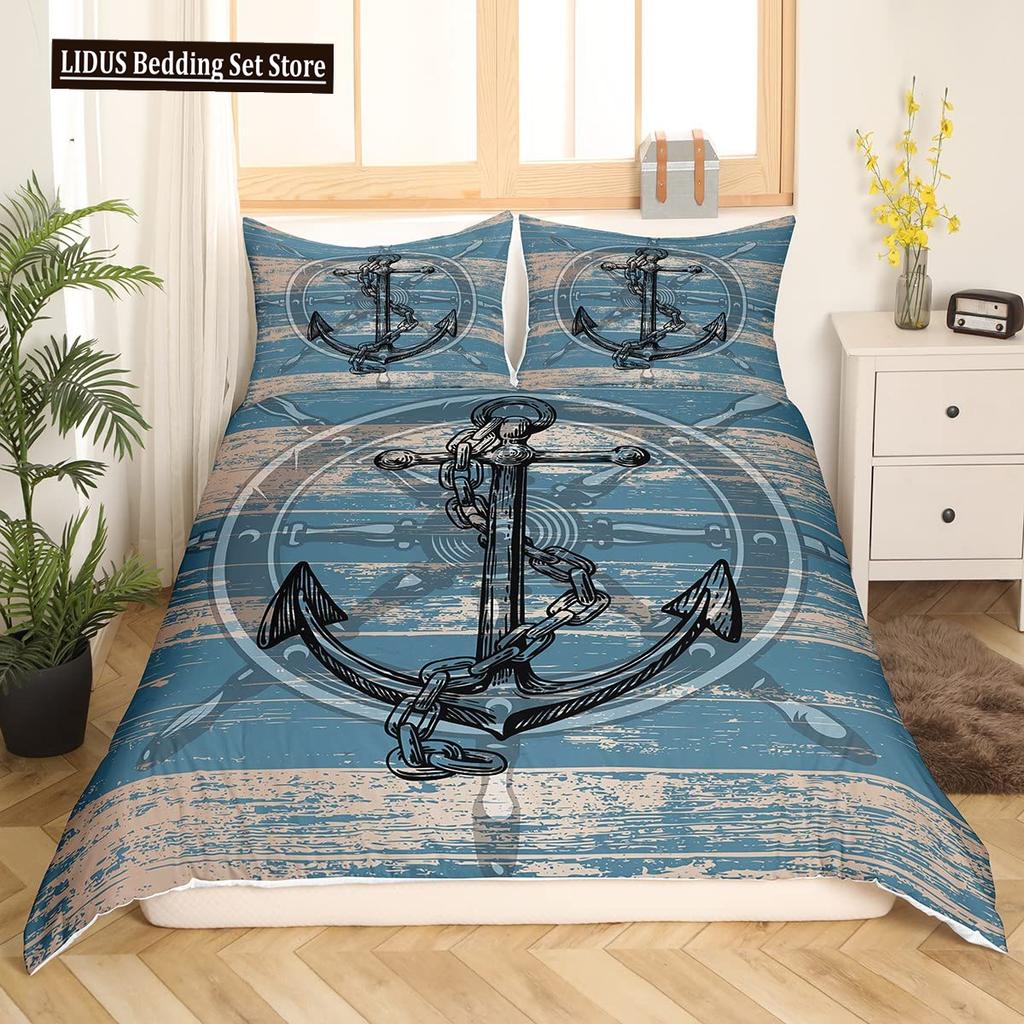 Nautical Duvet Cover Set Boat Pirate Bedding Set King Size Retro Sailboat Brown Comforter Cover Anchor Compass Vintage Quilt Set
