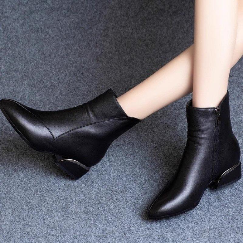 New Women'S Chunky Heel Ankle Boots - Pointed Toe Black Side Zip Low Heel Mom Shoes Autumn Winter Non-Slip Booties