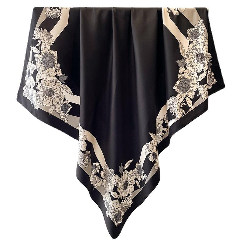 Fashion Temperament Silk Scarf Flower Print Scarf Twill Silk Large Square Scarf 91x91cm Shawl Sun Protection Travel Headscarf