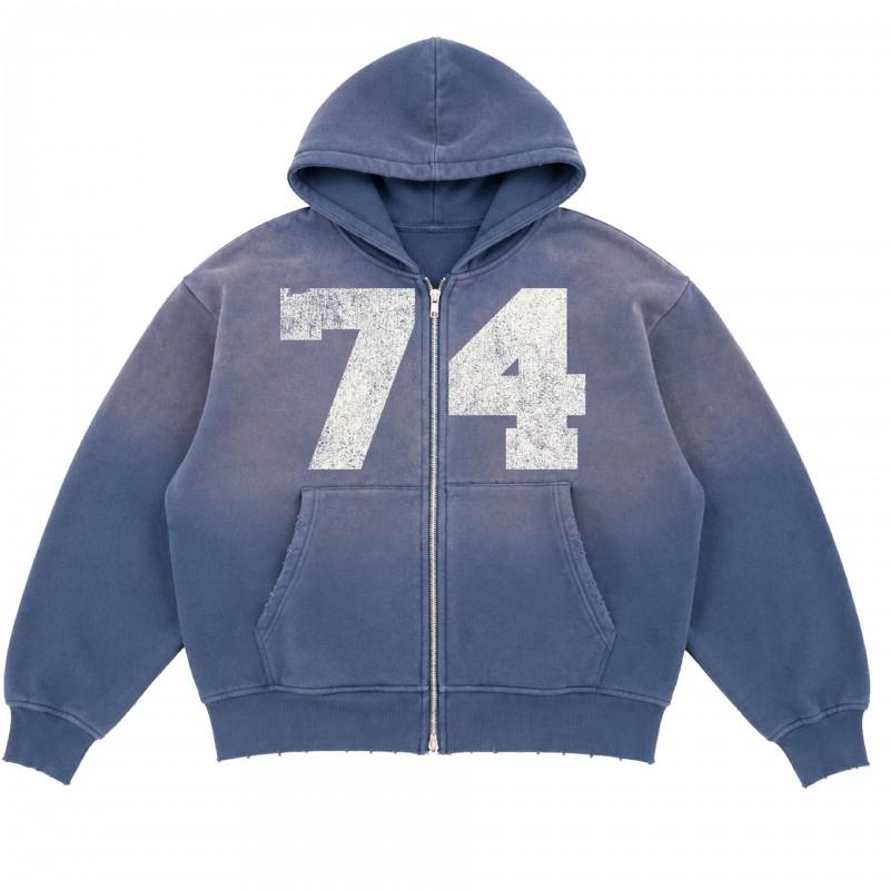 Oversized Hooded Sweatshirt With Bold Number Print Washed Gradient Blue Heavyweight French Terry Unisex Fall Casual Top