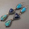 Handmade Vintage Lapis & Turquoise Zircon Dangle Earrings, Boho Style Drop Earrings, Hook Pendant Earrings