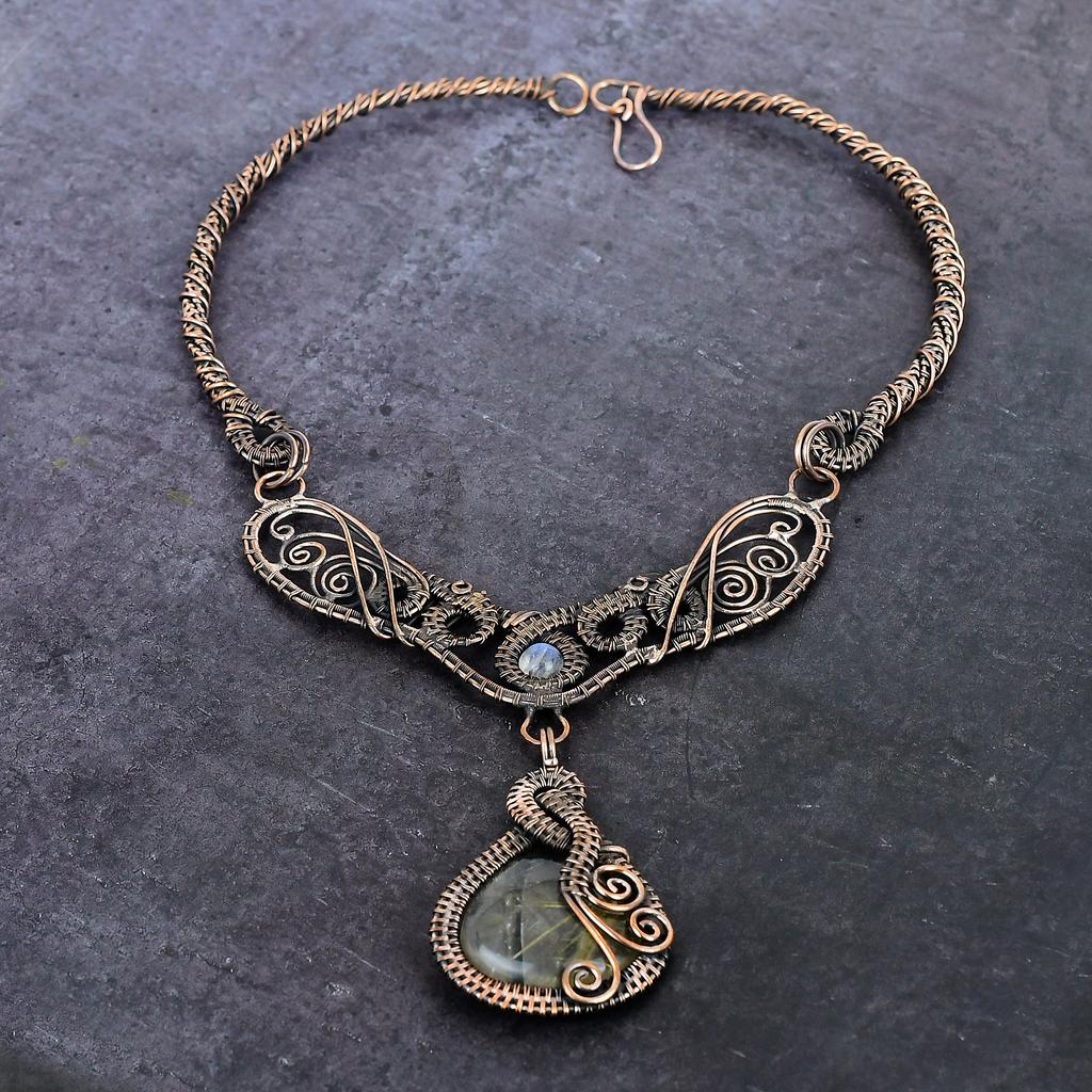 Golden Rutile, Moonstone Handmade Copper Wire Wrap Jewelry Necklace 18" E1j06