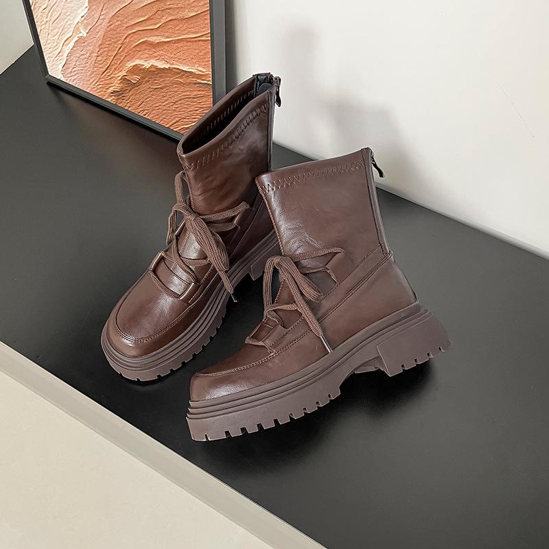 

Cowhide version~ British retro Martin boots lace-up thick-soled short boots women s versatile round head thin commuting bare boots 40 коричневый