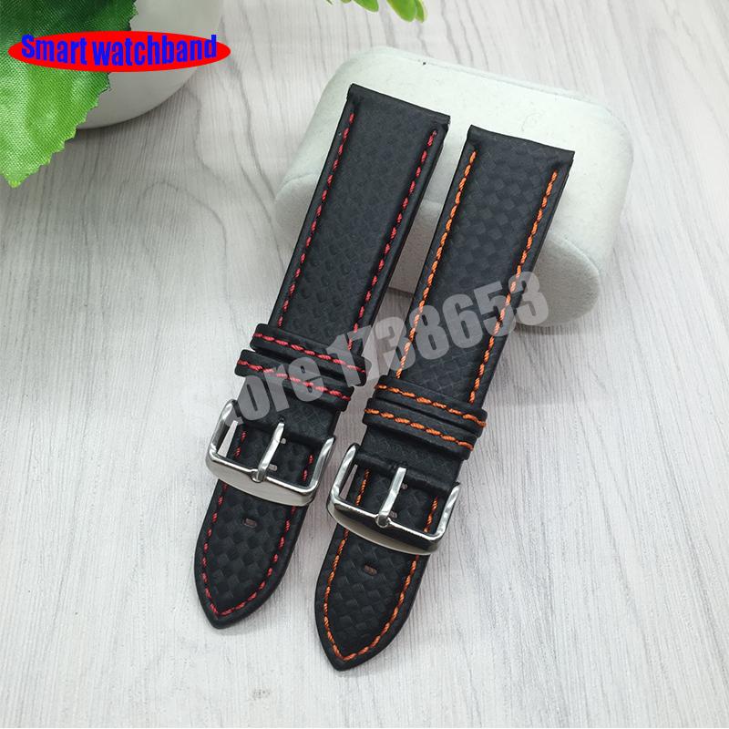 18mm 20mm 22mm 24mm Black Red Stitching Carbon Fiber Leather Watch Band Strap Sport