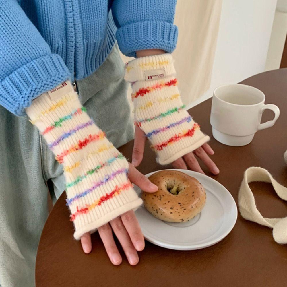 

Вязаные перчатки с утолщенными полосками в корейском стиле, митенки без пальцев каваи, женские зимние перчатки для дам бежевый