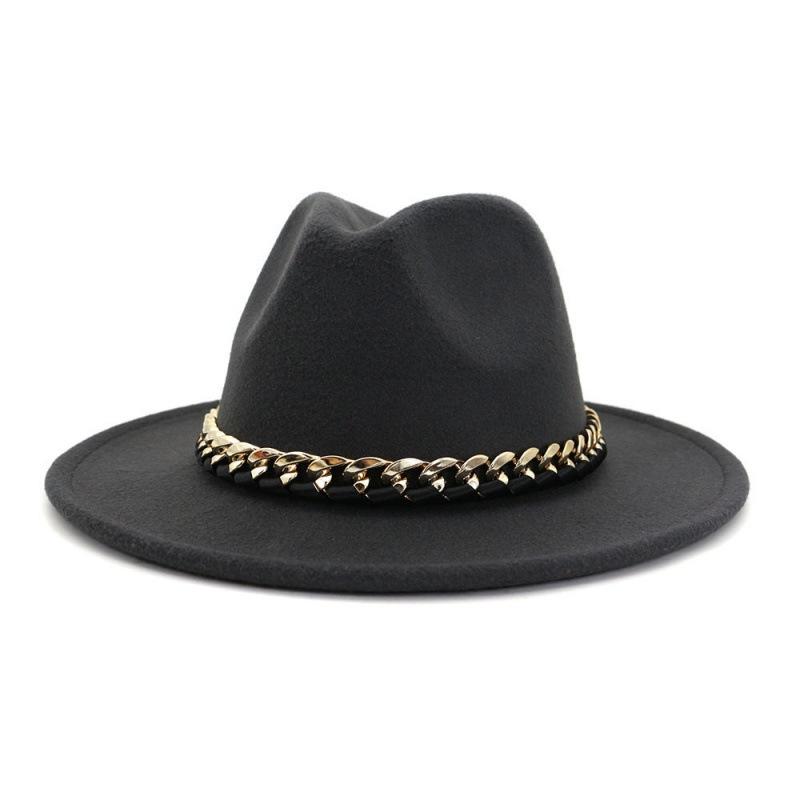 Chain Autumn and Winter Fashion New Men and Women Couples Top Hat Woolen Top Hat Flat Brim Big Edge Straight Edge Jazz Hat
