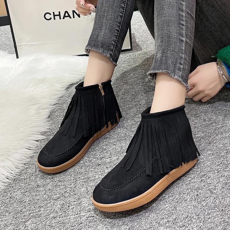 Ankelstøvlett med moderne støvler Vinter Rund tå Lav hæl Damesko på salg 2024 Nye Ensfargede Etniske Damestøvler Botas Femininas