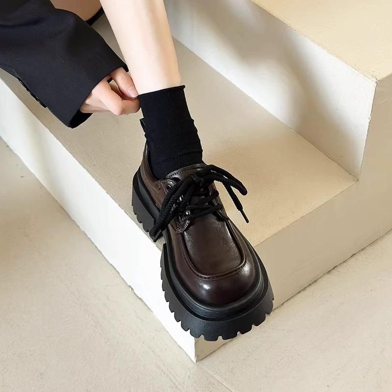 Cowhide version~ thick-soled genuine leather small leather shoes women's retro heightening muffin shoes thick heel loafer single shoes women's shoes
