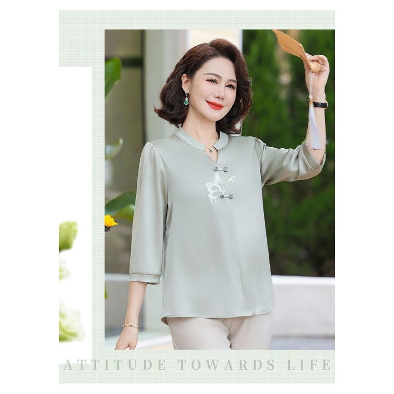Chinese Style Mandarin Collar Blouse Embroidered Butterfly Half Sleeve Casual Women's Top