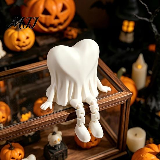 Desktop Halloween Decorations 3D Printed Heart-Shaped Ghost Figurine with Movable Joints, Sitting Dangling Leg Gifts for Couples Statue, Matte