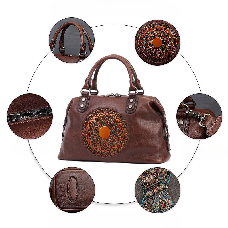Women's Business Handbag Top Layer Cowhide Commuter Shoulder Bag Large Capacity Dumpling Bag Retro Totem Genuine Leather Women's Bag