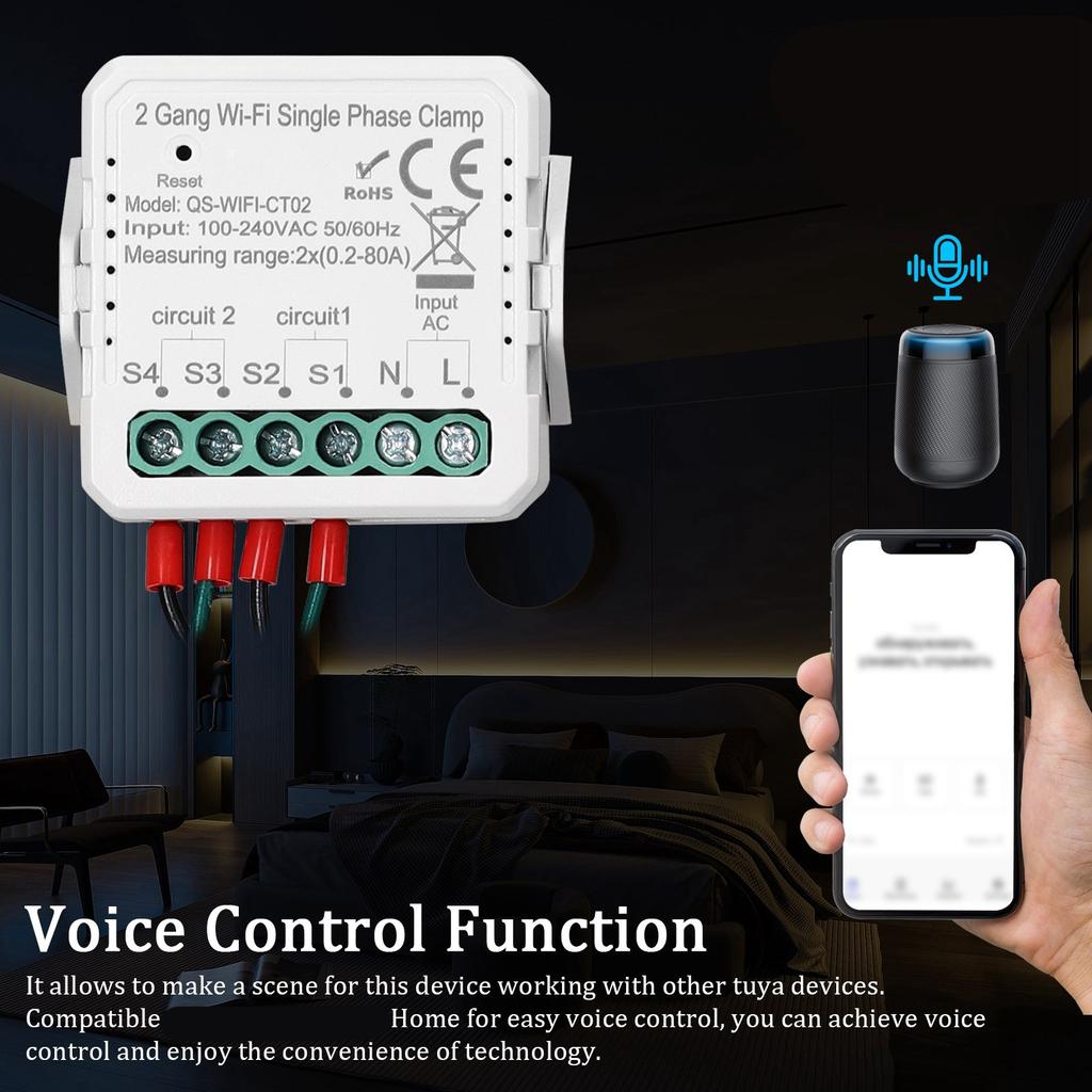 Tuya WiFi 2 Gang 80A Single Phase Clamp Solar PV Bidirectional Two Way Energy Meter Mobilephone APP Control Current