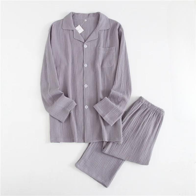 

Updated Pure Cotton Crepe Mens Long-sleeved Trousers Pajamas Spring and Autumn Thin Couple Home Wear Kit Womens Pajamas XL