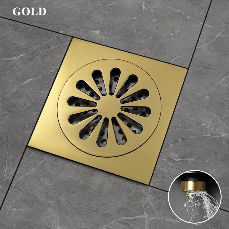Mattschwarzer Duschablauf aus Messing, Bodenablauf für Badezimmer, Flieseneinsatz, quadratisch, geruchshemmende Abfallgitter, 100 mm, Eckbodenablauf aus Bronze