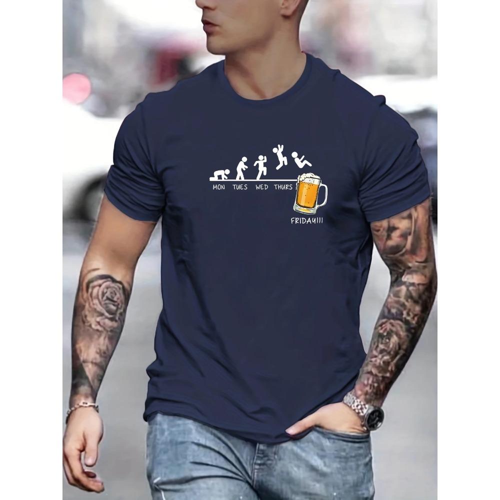 Summer men's 100% cotton casual loose size Jumping In Beer print round neck short sleeved T-shirt top