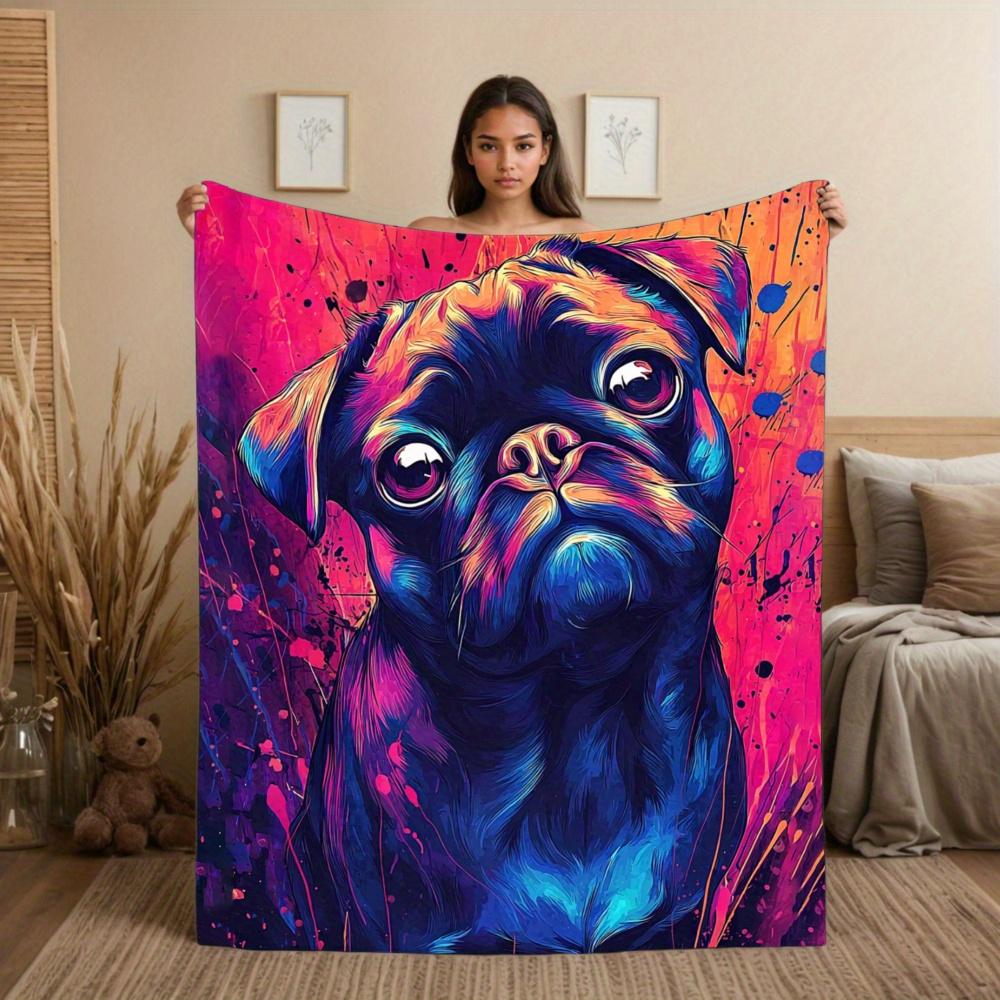

1pc Black Pug Dog Print Flannel Throw Blanket - Soft Cozy All-Season Neon Pug Art with Pink/Purple/Blue/Pink/Pink/Purple/Pink/Pi 70x100cm