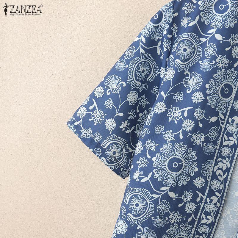ZANZEA Women Retro Print Casual Round Neck Short Sleeve Open Front Cardigan Tops