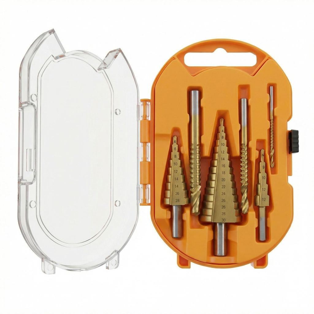 6-Piece Titanium Coated Serrated Step Drill Bit Set - Rustproof, Durable, High-Efficiency Twist Hole Opener.