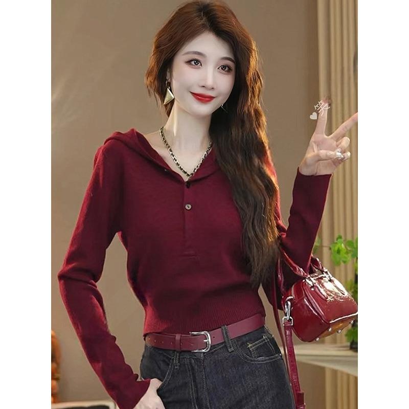 Design sense niche simple hooded sweater women's autumn new versatile fashion knitted top