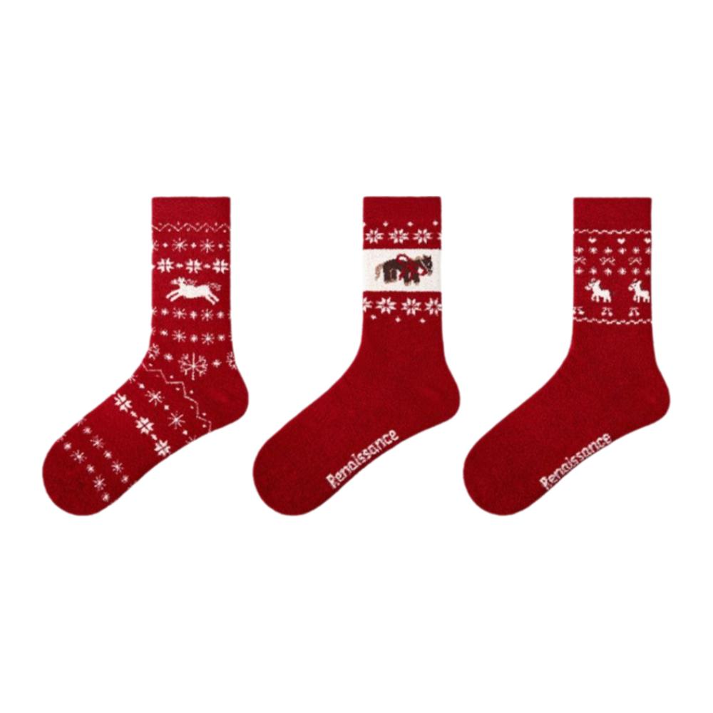 3 Pair Cotton Snow Boot Socks Knitted Middle Tube Socks Female Elastic Striped Socks New Year Gift