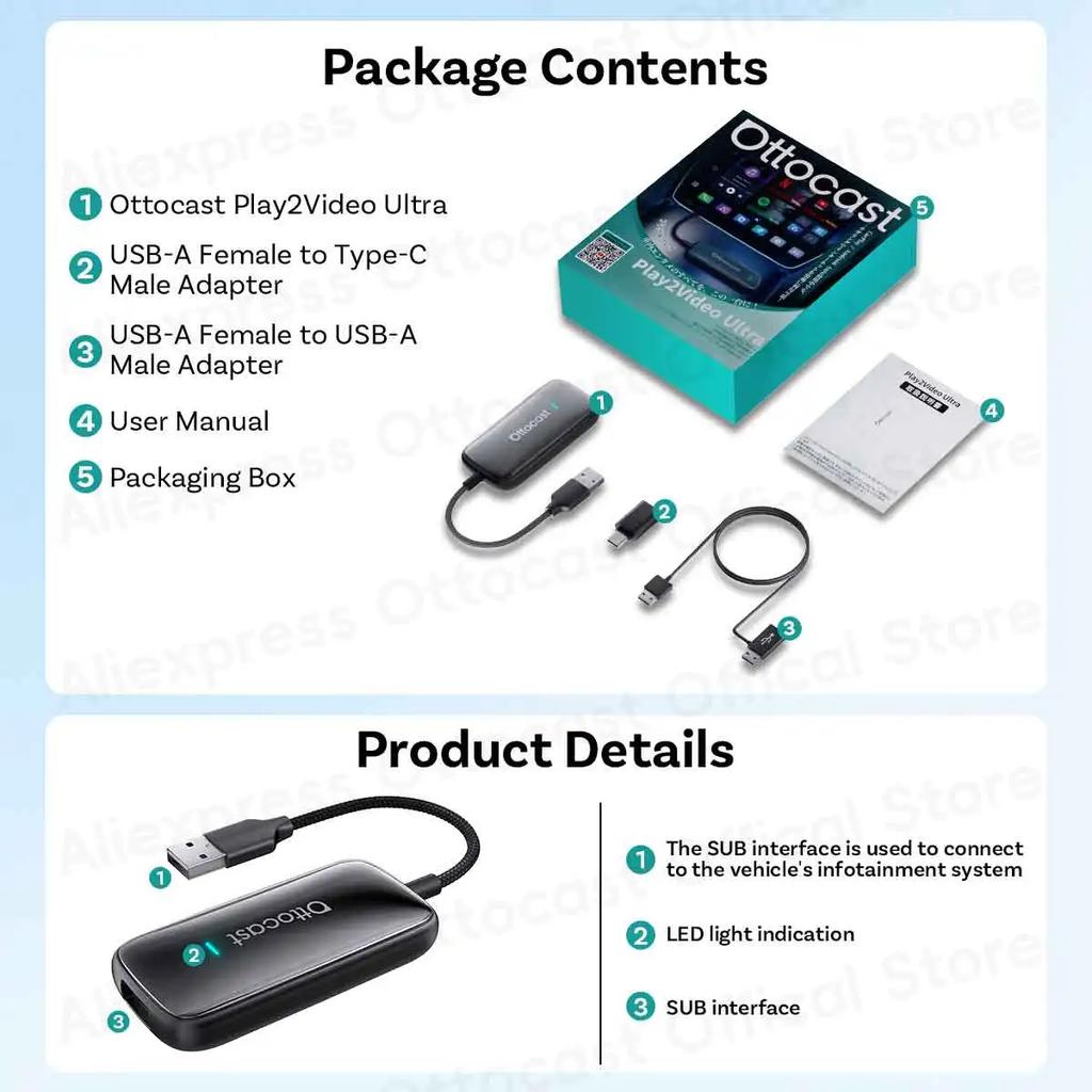 OTTOCAST 2026 Play2Video Ultra Wireless CarPlay Android Auto Adapter for Netflix Youtuber Wifi for Chevrolet Ford VW Toyota Benz