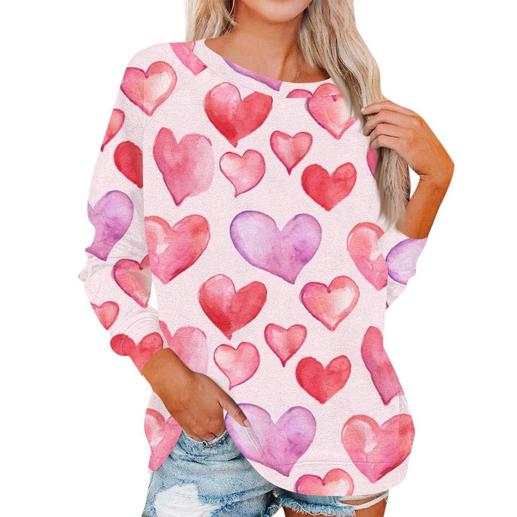 Women's Fashionable Round Neck Shoulder Long Sleeved Valentine's Day Printed Casual Pullover Top