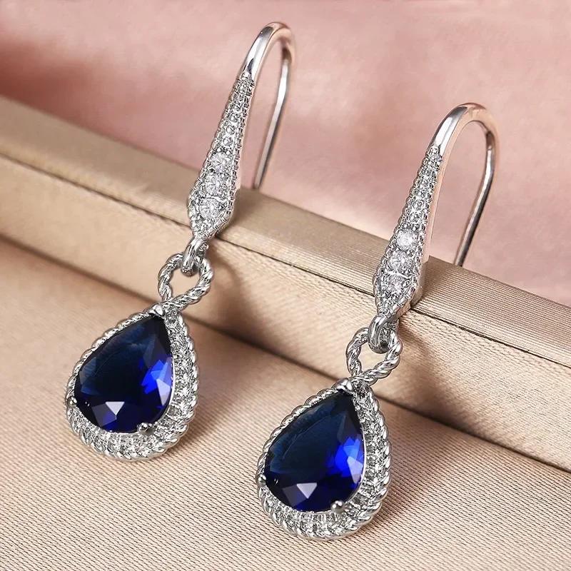 Royal Blue Zircon Oval Earrings Fashionable High-End Design Accessories for Banquets Personalized Simple Zircon
