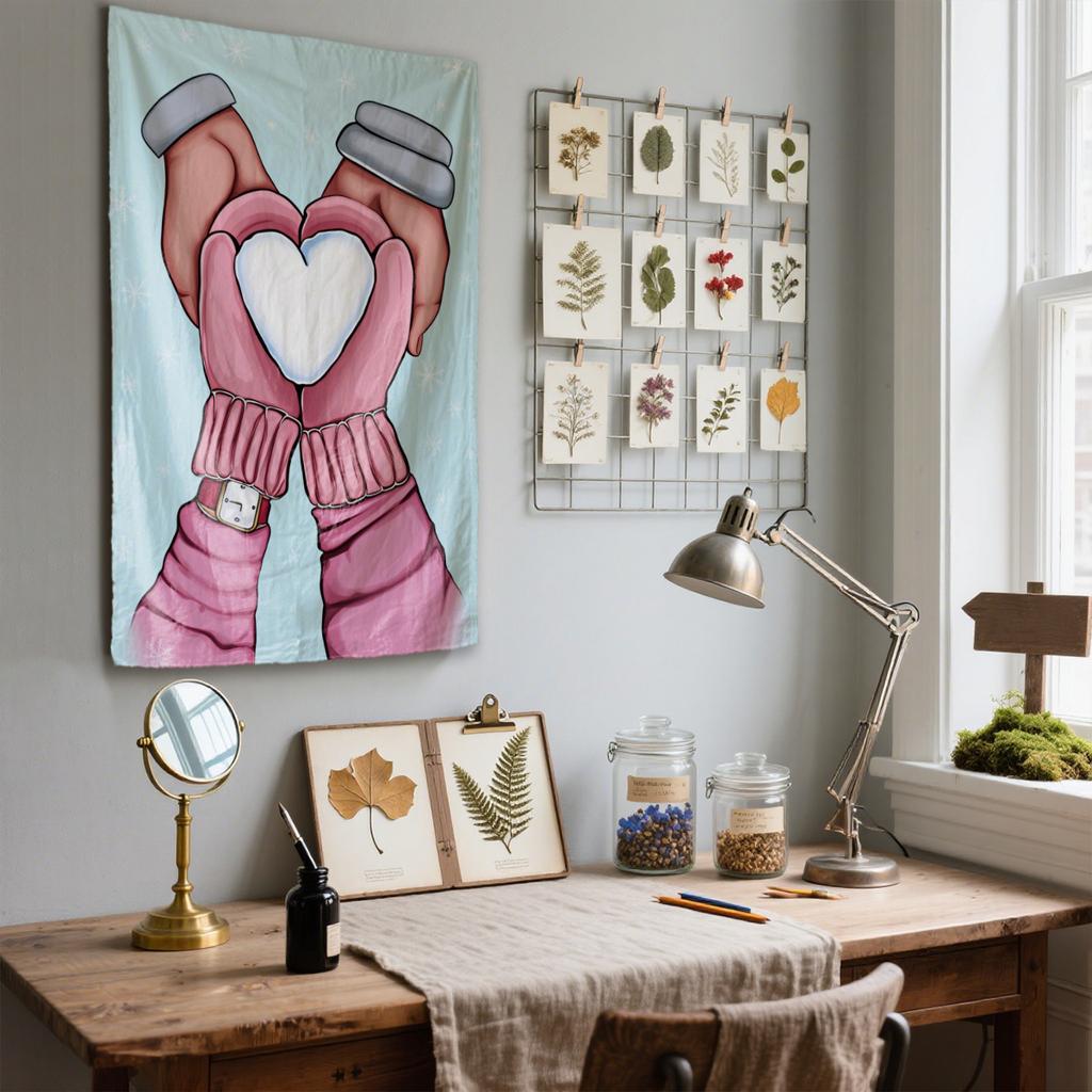 Hands heart snow pattern Digital printing polyester wall tapestry suitable for use in living rooms bedrooms offices bars party