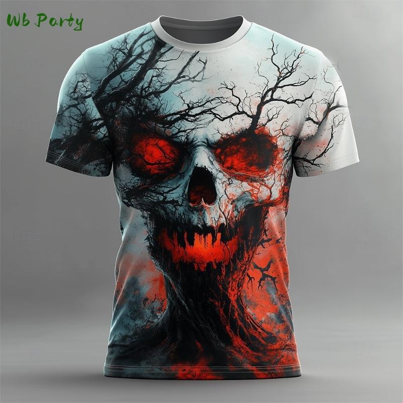 Men's Halloween Sports T-shirt 3D Neutral Skull Print Round Neck Short Sleeved Casual, Comfortable and Fashionable Top