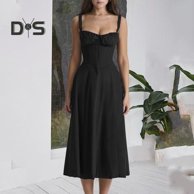 Women Elegant Suspenders Lace Up Dress Slim Sleeveless Bandeau Floral Print Dress Corset Design Side Split Hem Midi Dress