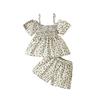 Sommer Neues Koreanisches Mädchen-Set mit floralen Schulterträgern und Bluse mit Puffärmeln und Shorts Zweiteiliges Set