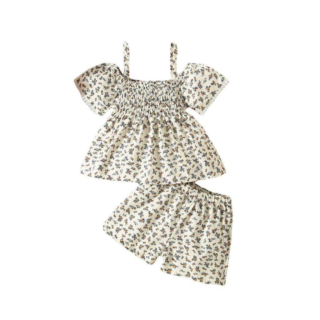 Sommer Neues Koreanisches Mädchen-Set mit floralen Schulterträgern und Bluse mit Puffärmeln und Shorts Zweiteiliges Set