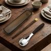 Wood Grain Handle Stainless Steel Spoon Japanese Style Two-Piece Tableware  Utensil Storage
