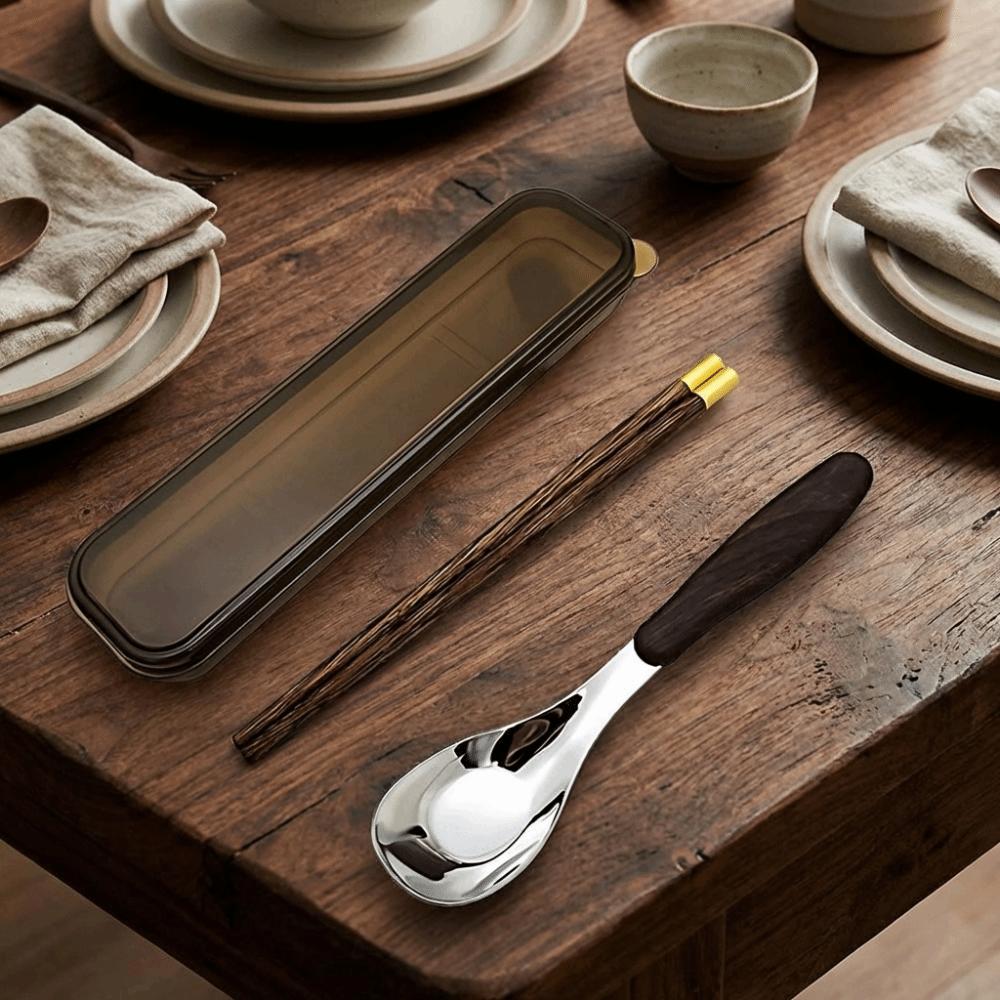 Wood Grain Handle Stainless Steel Spoon Japanese Style Two-Piece Tableware  Utensil Storage