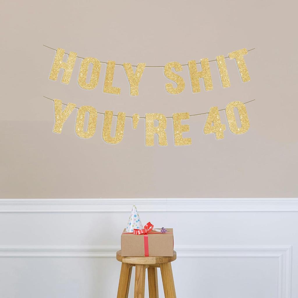 40th Birthday Banner Gold Glitter, Happy 40th Birthday Decorations for Men, Funny 40th Party Decorations for Women, 40 Year Old Sign Decor