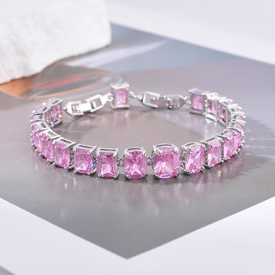 Simple Square Zircon Bracelet For Girls, Copper Electroplated White Gold And Gemstone Bracelet.