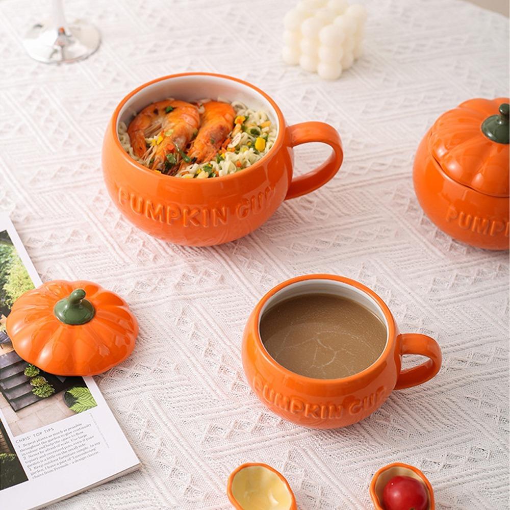 HalloweenCreative Pumpkin Coffee Cup Cute Ceramic Pumpkin Bowl with Lid and Spoon High Temperature Resistant BPA Free350ml/850ml