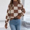 Women's Casual Turtleneck Contrasting Plaid  Long Sleeve Sweater