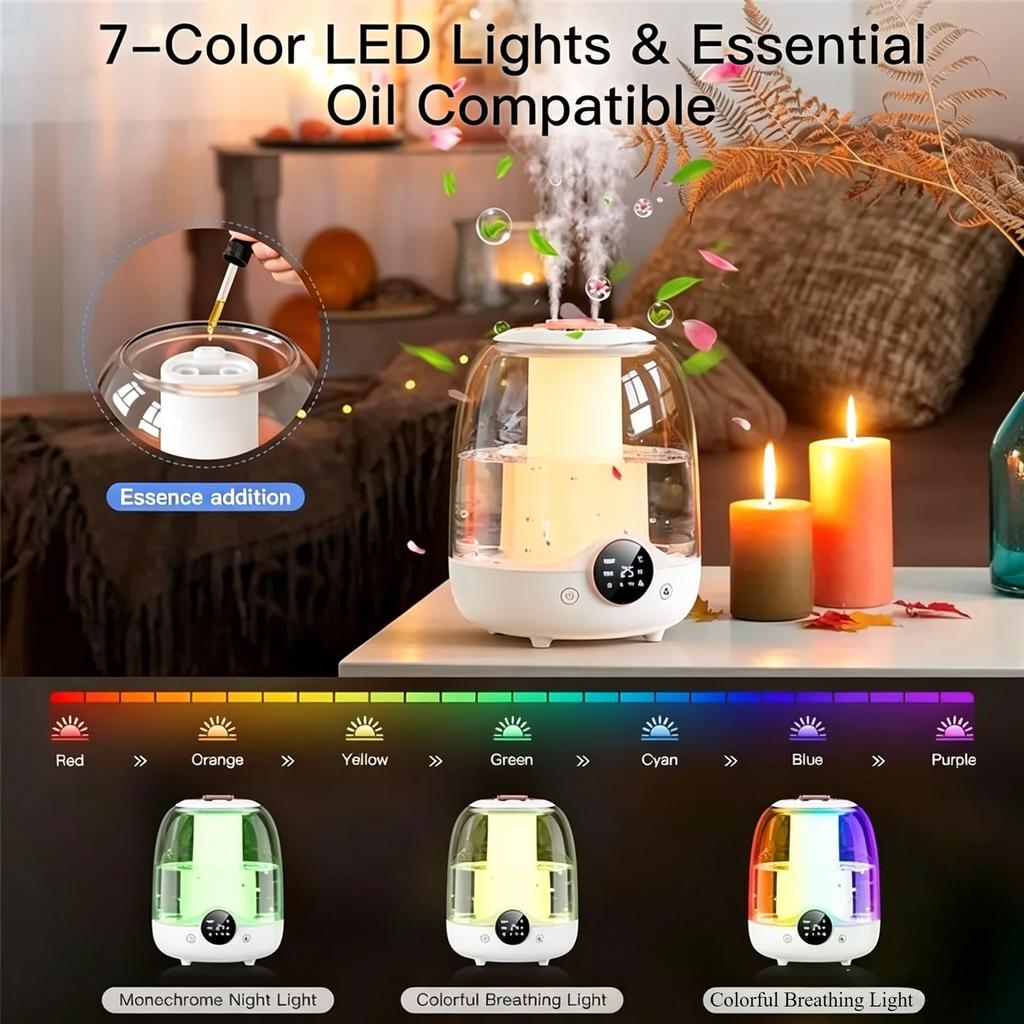 Double Spray 3L Large Capacity Humidifier with 7 Color Lights and Digital Display Screen for Silent Operation for Office Home