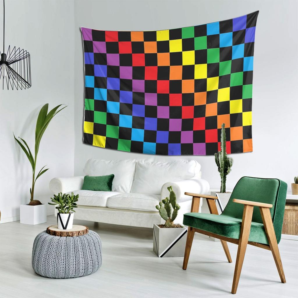 Checkered Rainbow Black Tapestry Decor Art Aesthetic Tapestries for Living Room Bedroom Home Wall Cloth Wall Hanging